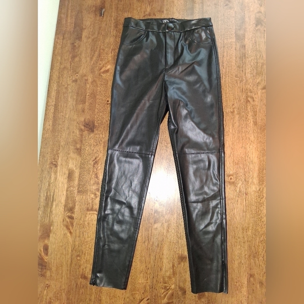 Zara Womens Black Side Zip Faux Leather Pants Ankle Zipper Size S